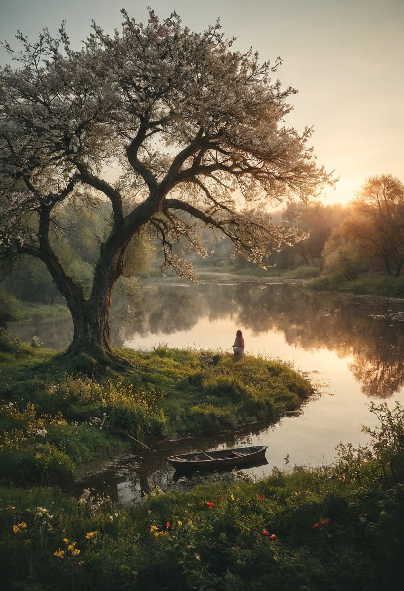 ,detailed background,(Calm spring night landscape), amongst lush greenery flowers and children playing, beautiful view of river and old oak tree, Photograph, a flower made of smoke, golden hour light, fragile, masterpiece, intricate detail, best quality, absurd resolution, A serene, mystical scene with a calm lake into which a quiet stream flows. In the distance, on top of a small hill, partial, stands a girl . A small boat floats quietly on a quiet lake with a lone shepherd standing nearby, adding a touch of elegance to the scene. Flowering apple trees line the shore, their delicate red and white petals creating a beautiful contrast with the lush greenery. Various flowers dot the landscape, highlighting the natural beauty. The set is bathed in soft, golden sunlight, bathing the entire stage in a warm, ethereal glow. The overall ambiance is one of peaceful seclusion and natural beauty, capturing the essence of a hidden paradise,golden hour, sunrise,
intricate details, masterpiece, award winning, rich, breathtaking, bokeh, atmospheric
iridescence color, fine reflection , 
Wide range of colors.,
Dramatic,Dynamic,Cinematic,Sharp details
Insane quality. Insane resolution. Insane details. Masterpiece. 32k resolution.
<lora:add-detail-xl:0.95> <lora:dvr-lnds-sdxl:0.3> dvr-lnds-sdxl <lora:MJ52:0.25> <lora:ral-apoctvisn-sdxl:0.3> ral-apoctvisn <lora:zavy-cntrst-sdxl:0.35> dark, chiaroscuro, low-key <lora:zavy-rmlght-sdxl:0.41> zavy-rmlght <lora:SDXLFaeTastic2400:0.225>