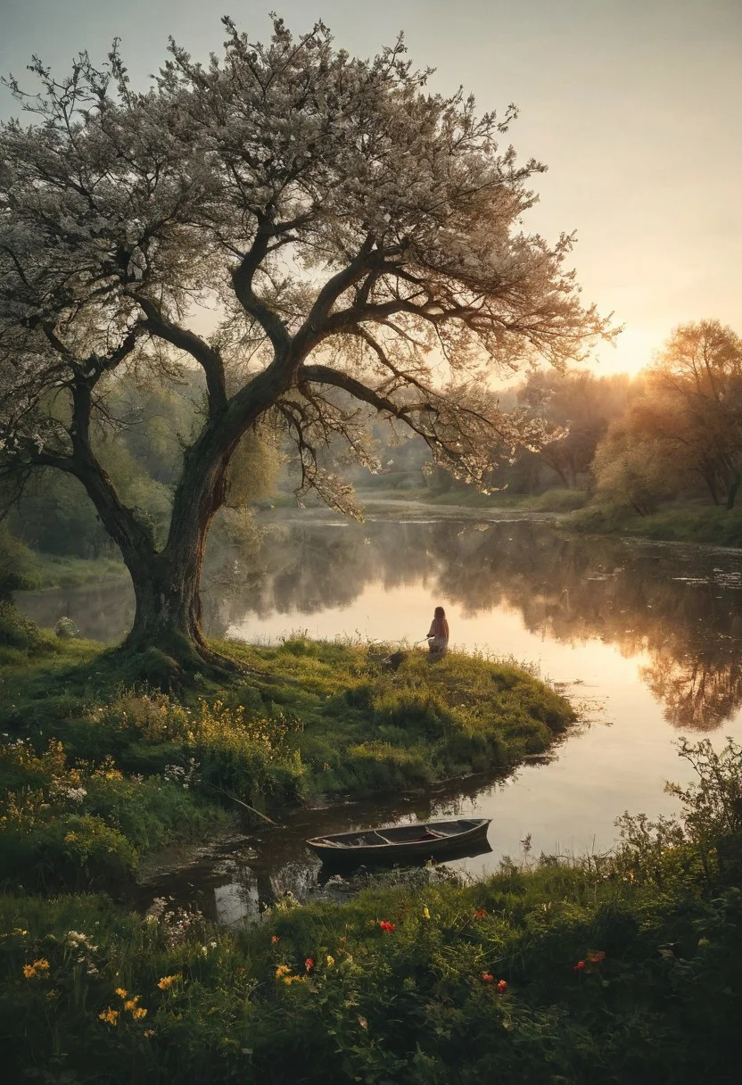 ,detailed background,(Calm spring night landscape), amongst lush greenery flowers and children playing, beautiful view of river and old oak tree, Photograph, a flower made of smoke, golden hour light, fragile, masterpiece, intricate detail, best quality, absurd resolution, A serene, mystical scene with a calm lake into which a quiet stream flows. In the distance, on top of a small hill, partial, stands a girl . A small boat floats quietly on a quiet lake with a lone shepherd standing nearby, adding a touch of elegance to the scene. Flowering apple trees line the shore, their delicate red and white petals creating a beautiful contrast with the lush greenery. Various flowers dot the landscape, highlighting the natural beauty. The set is bathed in soft, golden sunlight, bathing the entire stage in a warm, ethereal glow. The overall ambiance is one of peaceful seclusion and natural beauty, capturing the essence of a hidden paradise,golden hour, sunrise,
intricate details, masterpiece, award winning, rich, breathtaking, bokeh, atmospheric
iridescence color, fine reflection ,
Wide range of colors.,
Dramatic,Dynamic,Cinematic,Sharp details
Insane quality. Insane resolution. Insane details. Masterpiece. 32k resolution.
<lora:add-detail-xl:0.95> <lora:dvr-lnds-sdxl:0.3> dvr-lnds-sdxl <lora:MJ52:0.25> <lora:ral-apoctvisn-sdxl:0.3> ral-apoctvisn <lora:zavy-cntrst-sdxl:0.35> dark, chiaroscuro, low-key <lora:zavy-rmlght-sdxl:0.41> zavy-rmlght <lora:SDXLFaeTastic2400:0.225>