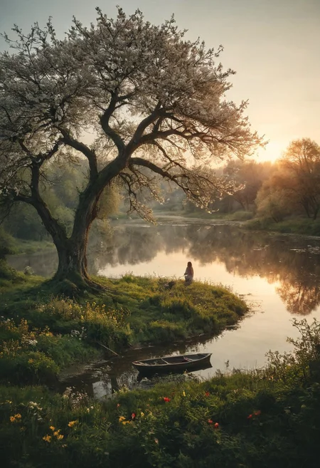 ,detailed background,(Calm spring night landscape), amongst lush greenery flowers and children playing, beautiful view of river and old oak tree, Photograph, a flower made of smoke, golden hour light, fragile, masterpiece, intricate detail, best quality, absurd resolution, A serene, mystical scene with a calm lake into which a quiet stream flows. In the distance, on top of a small hill, partial, stands a girl . A small boat floats quietly on a quiet lake with a lone shepherd standing nearby, adding a touch of elegance to the scene. Flowering apple trees line the shore, their delicate red and white petals creating a beautiful contrast with the lush greenery. Various flowers dot the landscape, highlighting the natural beauty. The set is bathed in soft, golden sunlight, bathing the entire stage in a warm, ethereal glow. The overall ambiance is one of peaceful seclusion and natural beauty, capturing the essence of a hidden paradise,golden hour, sunrise,
intricate details, masterpiece, award winning, rich, breathtaking, bokeh, atmospheric
iridescence color, fine reflection , 
Wide range of colors.,
Dramatic,Dynamic,Cinematic,Sharp details
Insane quality. Insane resolution. Insane details. Masterpiece. 32k resolution.
<lora:add-detail-xl:0.95> <lora:dvr-lnds-sdxl:0.3> dvr-lnds-sdxl <lora:MJ52:0.25> <lora:ral-apoctvisn-sdxl:0.3> ral-apoctvisn <lora:zavy-cntrst-sdxl:0.35> dark, chiaroscuro, low-key <lora:zavy-rmlght-sdxl:0.41> zavy-rmlght <lora:SDXLFaeTastic2400:0.225>