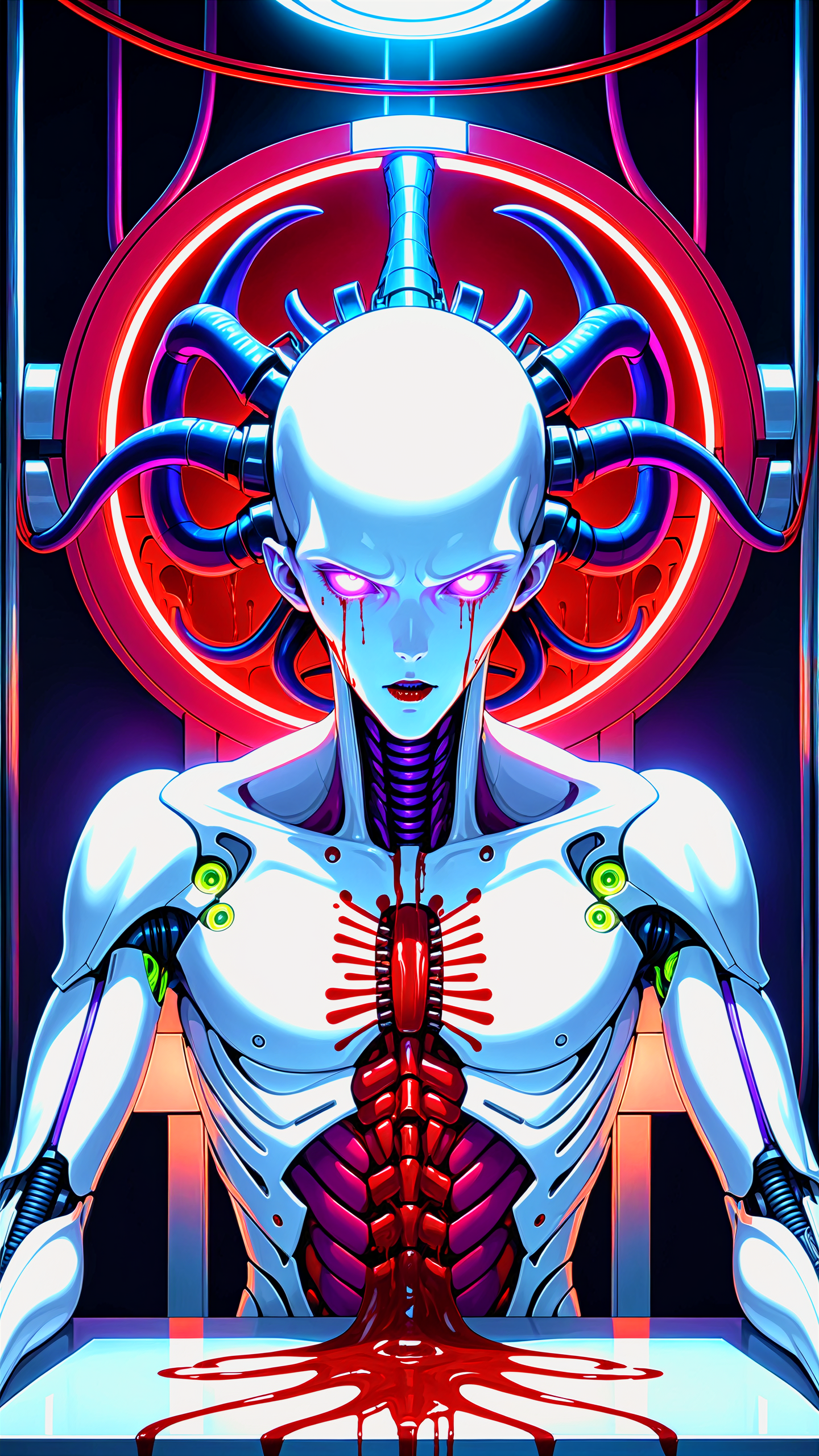 1mechanical boy, ((ultra realistic details)), portrait, global illumination, shadows, octane render, 8k, ultra sharp, metal, intricate, ornaments detailed, cold colors, egypician detail, highly intricate details, realistic light, <lora:xl_yamer_style-3.0:0.1.1>, glowing eyes, facing camera, neon details, mechanical limbs, blood vessels connected to tubes, mechanical vertebra attaching to back, mechanical cervical attaching to neck, sitting, wires and cables connecting to head, detailed face, blurry background, vibrant color, Post-apocalypse, Cult of Cthulhu, uturistic, bright neon clouds, best quality, high resolution, alien, giger, viscera, post, peeled flesh, guro, broken creature, deadman, a dangerous looking sprinkled man bright neon blood on top of a table with a alien head, high contrast, sharp purple neon, in the style of giger in the hole, with a lot of blood around, deep contrast, hyperrealism, hyper realistic color photo, realistic photography, ultra realistic, biomechanical, biomechanism, ((hnsrdlf style)), detailed reflections, dark atmosphere, gothic art, futuristic, realistic blood, realistic reflections, RTX graphic, HDR, ultra detailed, realistic blood, RTX graphic, HDR, ultra detailed, ultra realistic shadows, ultra quality, neon yellow, neon purple, neon blue, neon red, bright colors, ultra contrast