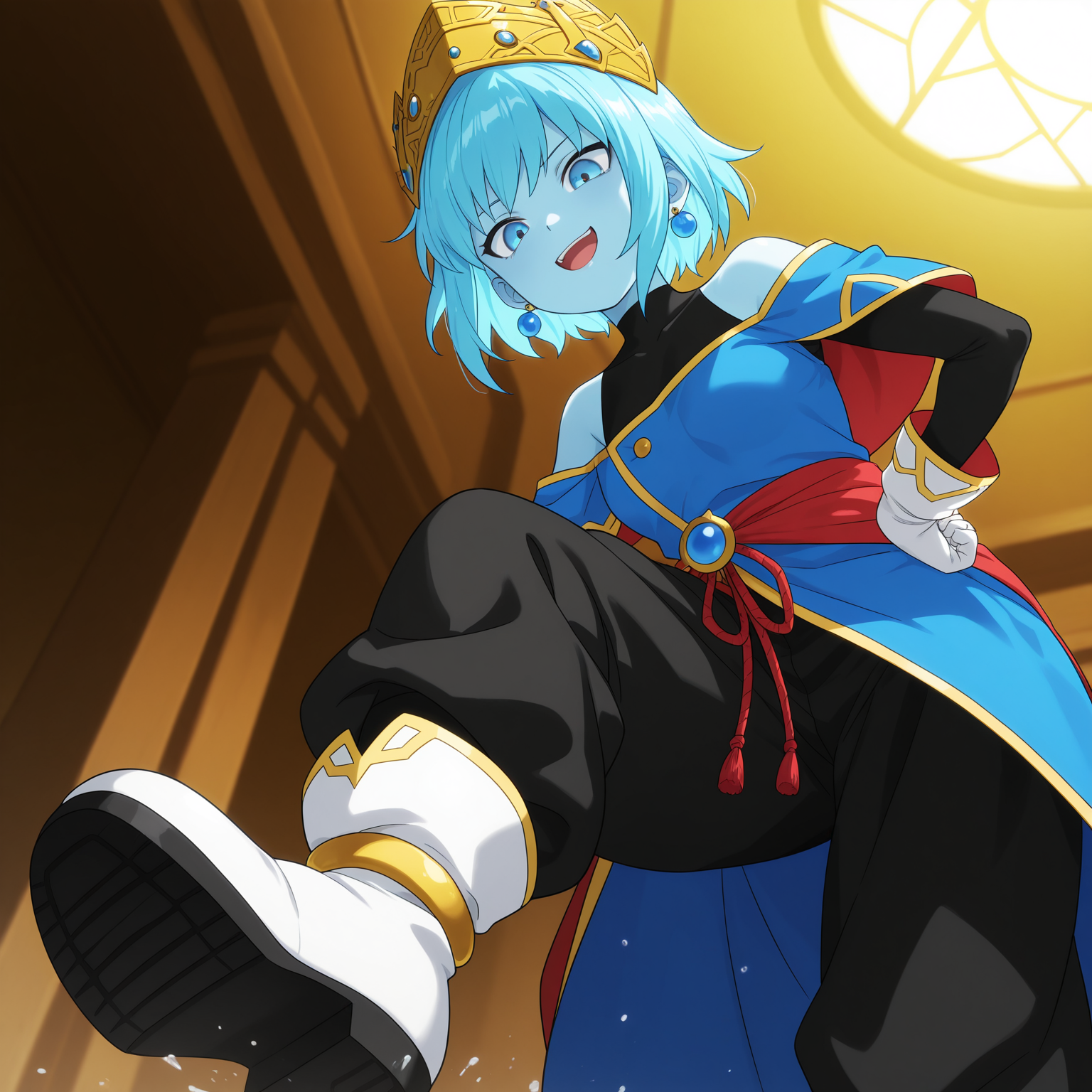 masterpiece, best quality, amazing quality, anime screencap, 1girl, solo, standing, cowboy shot, stomping, from below, leaning forward, hands on own hips, light smile, open mouth, <lora:AeosDB:0.9>, aeosDB, blue hair, short hair, blue eyes, blue skin, small breasts, earrings, crown, black undershirt, bare shoulders, blue off-shoulder coat, black baggy pants, white gloves, white boots,