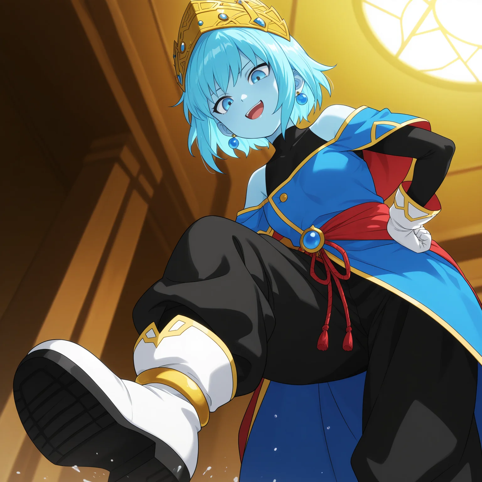 masterpiece, best quality, amazing quality, anime screencap, 1girl, solo, standing, cowboy shot, stomping, from below, leaning forward, hands on own hips, light smile, open mouth, <lora:AeosDB:0.9>, aeosDB, blue hair, short hair, blue eyes, blue skin, small breasts, earrings, crown, black undershirt, bare shoulders, blue off-shoulder coat, black baggy pants, white gloves, white boots,