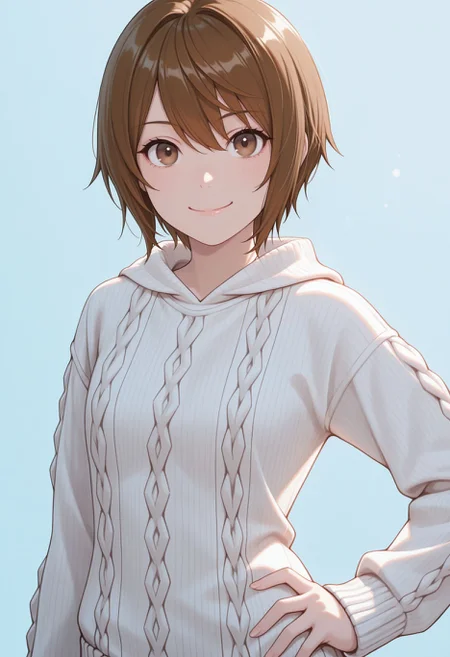 masterpiece,best quality,absurdres,highres,very aesthetic,high quality,detailed,insanely detailed,beautiful,perfect lighting, looking at viewer, smile, hand on hips, smile, light blue background, very awa
<lora:Kinuhata Saia illu:1> 1girl, short hair, brown hair, brown eyes, white sweater, aran sweater,