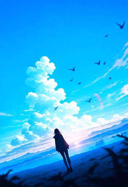 masterpiece, best quality, good quality, very awa, firedotinc, 1girl, the four warriors of light, final fantasy, standing, lens flare, horizon, from behind, cumulonimbus cloud, scenery, outdoors, blue sky, dutch angle, depth of field, cloud, bird, flock, star (sky), landscape, castle, (((masterpiece,best quality,newest,absurdres,highres)))