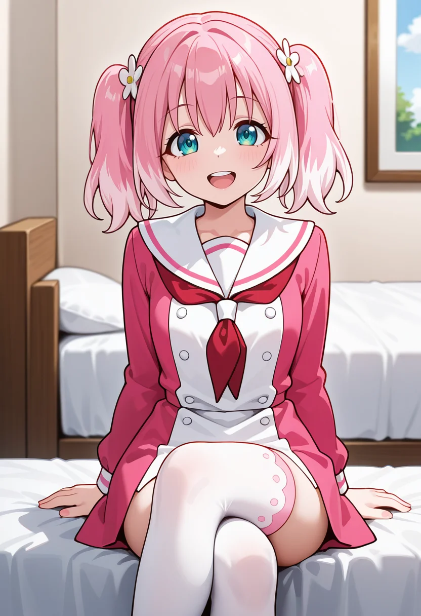<lora:Nana (Talentless Nana)_illustrious-000028:1>,masterpiece,best quality,(amazing quality),very aesthetic,absurdres,newest,huge filesize,
Nana_\(Talentless Nana\),solo,multicolored hair,pink hair,twintails,hair flower,pink dress,sailor collar,red neckerchief,smile,white thighhighs,cowboy_shot,looking_at_viewer,upper teeth only,bedroom,bed,sitting,crossed_legs