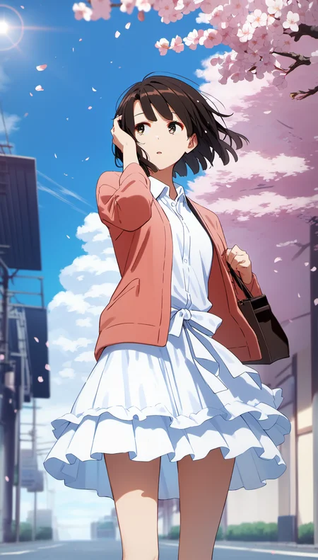 score_9,score_8_up,score_7_up,
<lora:megumikato:0.9>,
katomegumi,
1girl,solo,black hair,bangs,short hair,brown eyes,eyes looking to the side,parted lips,pink cardigan,white shirt,white layered ruffle skirt,white thigh socks with trim,white shoulder bag,cowboy shot,from below,standing,adjusting hair,holding bag strap,
blurry background,bloom,outdoors,blue sky,cloud,cherry blossoms,street,light particles,lens flare,