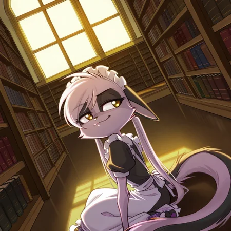 1girl,solo,furry,pink fur,tail,ears,source_furry,
,<lora:Viriathus_Vayu_illustrious:0.8>,
child, kid,
long hair, hime cut, long bangs, maid dress,
(face focus, close-up, dutch angle:1.3),library, study, sunset,, sitting, window, (from side:0.7),looking away,
(relaxed smile, smug:0.9),