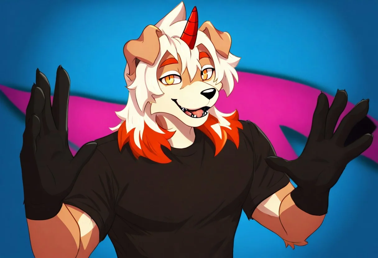 dr3am4ndnightm4re, (2024, very aesthetic, newest, best quality, masterpiece), mikus-concept, hands up, smile, blue background, furry, solo, upper body, furry male, black fur, dragon, 1boy, male, hung, animal ears ,brown fur ,dog ears ,medium hair ,white hair ,orange ombre hair ,orange eyes ,single horn, shirt, shorts