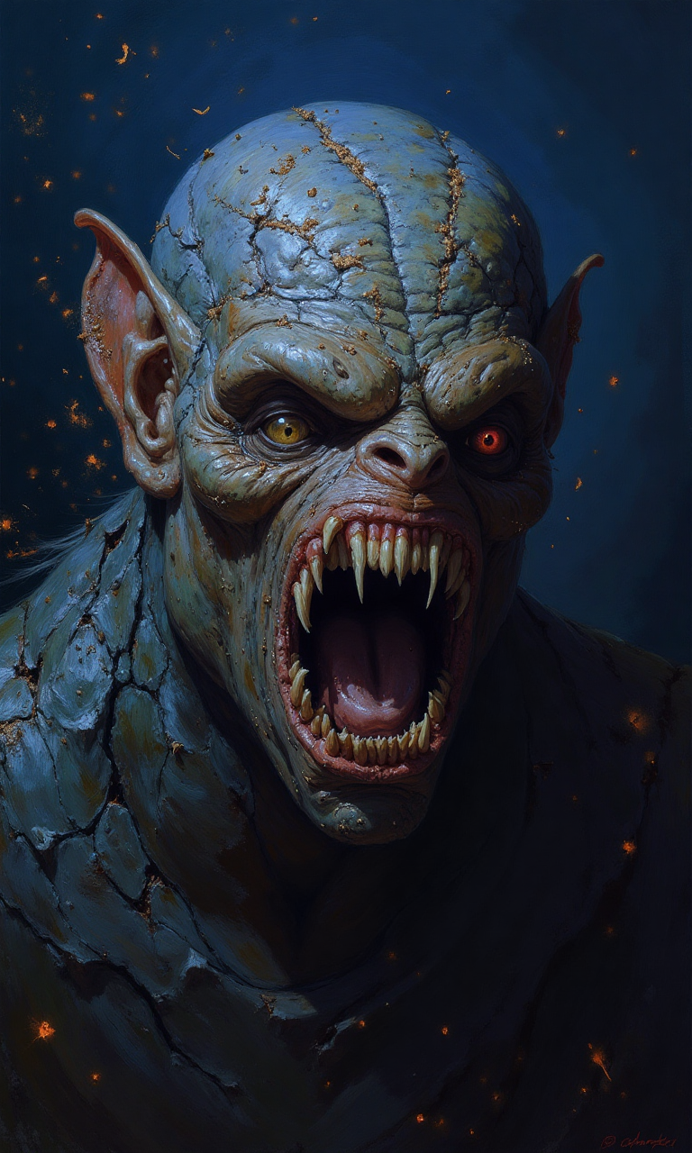 The painting depicts a monster covered in scales and skin. Its head is misshapen and its teeth are sharp with barbs on the edges. The monster's eyes have been gouged out, and it can only open its mouth to look directly into the camera, revealing more terrifying teeth. The background is dark blue, full of scattered particles and sparks, adding a gloomy and terrifying atmosphere to the picture. The monster is located in the center of the picture, which immediately attracts the viewer's attention. There are no recognizable words or countable objects in the picture. The relative positions of the objects remain unchanged because there is only one object in the picture - the monster.<lora:flux1-D\flux.1_lora_flyway_Epic-detail_v2.safetensors:0.6:1.0> <lora:flux1-D\flux_realism_lora.safetensors:0.4:1.0>