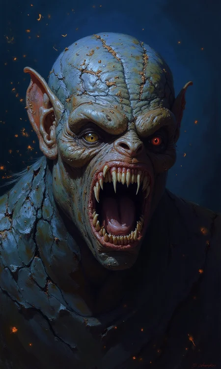The painting depicts a monster covered in scales and skin. Its head is misshapen and its teeth are sharp with barbs on the edges. The monster's eyes have been gouged out, and it can only open its mouth to look directly into the camera, revealing more terrifying teeth. The background is dark blue, full of scattered particles and sparks, adding a gloomy and terrifying atmosphere to the picture. The monster is located in the center of the picture, which immediately attracts the viewer's attention. There are no recognizable words or countable objects in the picture. The relative positions of the objects remain unchanged because there is only one object in the picture - the monster.<lora:flux1-D\flux.1_lora_flyway_Epic-detail_v2.safetensors:0.6:1.0> <lora:flux1-D\flux_realism_lora.safetensors:0.4:1.0>