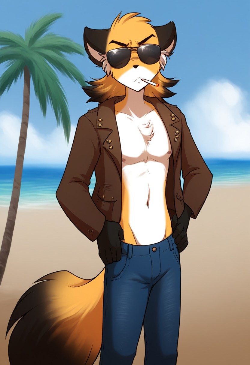 score_9, score_8_up, score_7_up, score_6_up,source_furry, rating_explicit, solo, solo focus, male, 1boy, standing, brown leather jacket, white shirt, black sunglasses, american jeans, serious expression, thin waist, flat stomach, serious pose, looking at viewer, hands on waist, fluffy tail, beach, resort, palm tree, mike-twokinds, smokes a cigarette, A cigarette in mouth, detailed, perfect fingers, five fingers