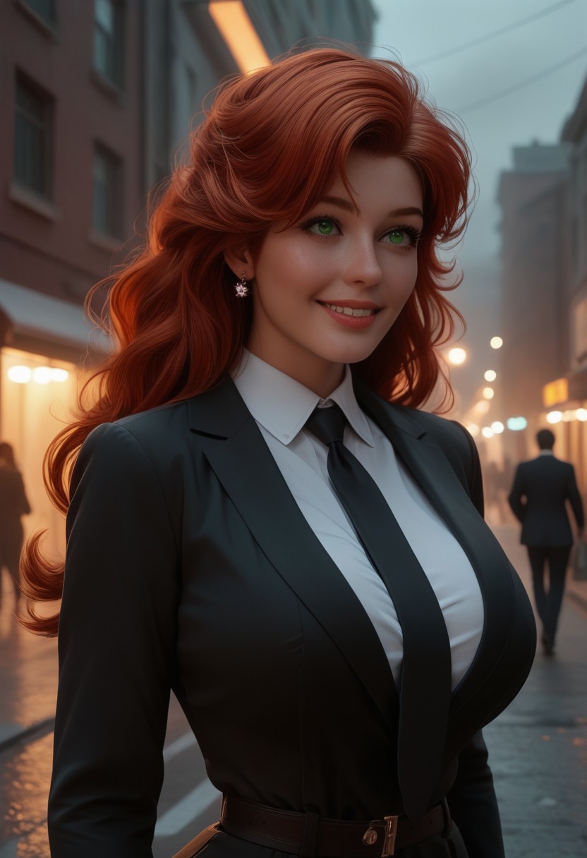 score_9, score_8_up, score_7_up, score_6_up, female portrait, 1woman, solo, Mary Jane, 35 years old, massive breasts,mature,long hair, red hair,smile, green eyes, black suit, black pants, black necktie, office lady, close up, waist up, posing, looking away, parted lips, steam, cold weather, foggy, night time, street, walking, dynamic angle, natural light,
(((((upper body))))), dynamic pose
 <lora:Dynamic Poses:1>
 <lora:detailed_notrigger:1>
(((full clothed)))