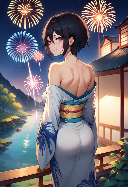 score_9,score_8_up,score_7_up,1girl,jelosesn,solo,from behind,outdoors,river,night,fireworks,black hair,short hair,hair between eyes,sidelocks,blue eyes,kimono,off shoulder,fish print,looking back,seductive smile,<lora:Suminoe_Shion-JeloXL-000005:1>,
