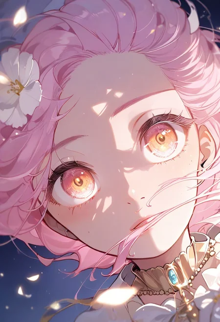 score_9_up, score_8_up, score_7_up, highly detailed, (solo), 1 girl, field, flowers, night, pink hair, glowing eyes shine, hand pulls towards the sky, in hand glowing in the dark flower, spirituality, the field is divided into two halves: behind the girl (/night)/ in front of her eyes)/day))/, the girl is dressed in a white dress, gold jewelry, a two-layer dress, the second layer of the dress is pink.