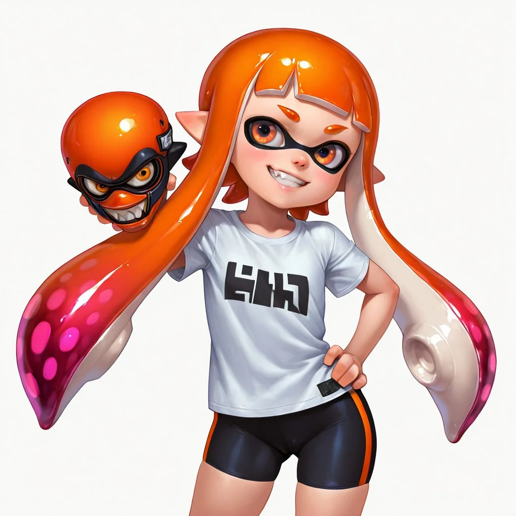 FutureFightStyle, ((semi realistic)), masterpiece, best quality, absurdres, ultra-detailed, high resolution,
inkling, 1girl, bike shorts, orange eyes, pointy ears, orange hair, cartoon, kid, young, anime, long hair, smile, shirt, grin, t-shirt, ((headshot))