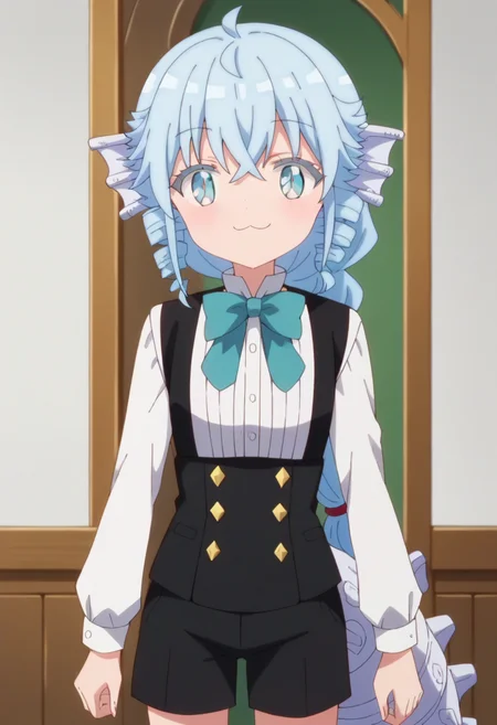 1girl, solo,fa, (rpg fudousan), fasuit, 1girl, solo, long hair, blue eyes, bow, blue hair, braid, ahoge, bowtie, head fins, black shorts, looking at viewer, smile, score_9, score_8_up, score_7_up, score_6_up, score_5_up, score_4_up , anime coloring ,BREAK source_anime, anime <lora:Doom PonyXL Fa V5 10epoch:1>