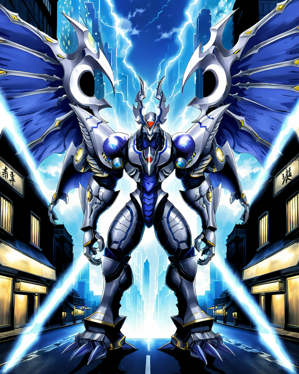 a dorugoramon looming over a city street,wings, anime,anime style, <lora:DORUgoramon:0.75>