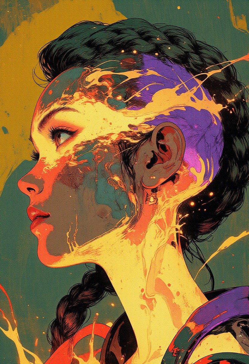 A highly stylized digital artwork (in the style of cksc,:1.3) showing an extreme close-up side view of a woman with a braided mohawk. Only part of her face and head is visible—just one eye, her cheekbone, and a section of her braided hair. Her skin is pale with a soft, pearly glow. The mohawk appears as thick, curved braids in glowing jade green, deep purple, and rose gold, arching back just above the visible temple.
Part of her neck enters the frame, semi-transparent, showing a glowing, thick liquid inside. The liquid moves slowly in soft teal, warm amber, and dusty pink, with a gel-like look. The background is blurred and abstract but divided by color. Only faint areas of mustard yellow, slate grey, soft blue, and sienna are visible, each filled with smooth shapes and lines that curve behind her.
Flowing arcs and small details like dots, color streaks, and layered patterns in muted purple, green, and amber blend into the scene. The artwork is sharp and modern, with a glowing, futuristic style and smooth digital finish.