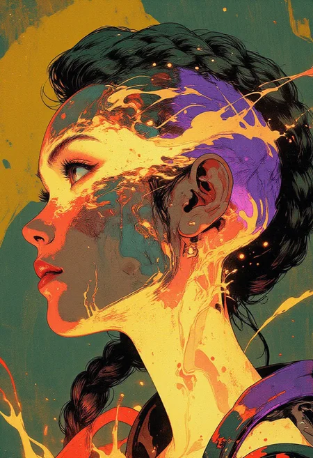 A highly stylized digital artwork (in the style of cksc,:1.3) showing an extreme close-up side view of a woman with a braided mohawk. Only part of her face and head is visible—just one eye, her cheekbone, and a section of her braided hair. Her skin is pale with a soft, pearly glow. The mohawk appears as thick, curved braids in glowing jade green, deep purple, and rose gold, arching back just above the visible temple.
Part of her neck enters the frame, semi-transparent, showing a glowing, thick liquid inside. The liquid moves slowly in soft teal, warm amber, and dusty pink, with a gel-like look. The background is blurred and abstract but divided by color. Only faint areas of mustard yellow, slate grey, soft blue, and sienna are visible, each filled with smooth shapes and lines that curve behind her.
Flowing arcs and small details like dots, color streaks, and layered patterns in muted purple, green, and amber blend into the scene. The artwork is sharp and modern, with a glowing, futuristic style and smooth digital finish.