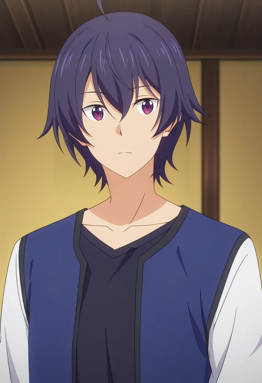 masterpiece, best quality, , anime screencap, anime coloring, ,, 1boy, solo, male focus, <lora:shin_wolford_ilxl:1>, shin_wolford, purple hair, purple eyes, short hair, ahoge, hair between eyes, ,