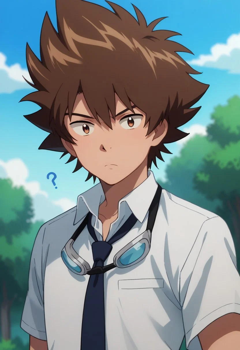score_9, score_8_up, score_7_up, source_anime, highly detailed,
taitri, 1boy, goggles around neck, male focus, solo, brown hair, brown eyes, confused, ?, goggles, shirt, white shirt, collared shirt, necktie, blue necktie, blue pants, upper body
outdoor, sky, tree
