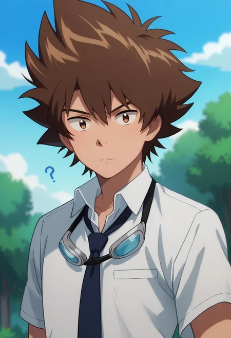 score_9, score_8_up, score_7_up, source_anime, highly detailed,
taitri, 1boy, goggles around neck, male focus, solo, brown hair, brown eyes, confused, ?, goggles, shirt, white shirt, collared shirt, necktie, blue necktie, blue pants, upper body
outdoor, sky, tree