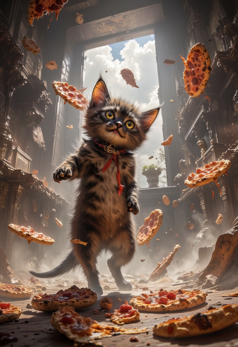 a hyper realistic picture of a cat making a mess out of the kitchen, pizza flying everywhere