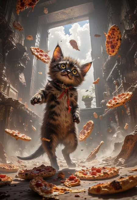 a hyper realistic picture of a cat making a mess out of the kitchen, pizza flying everywhere