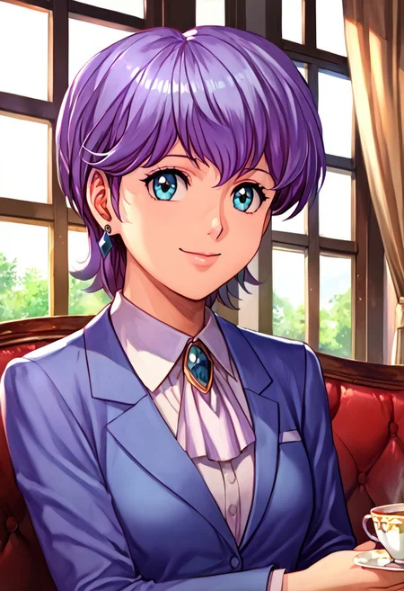 score_9, score_8_up, score_7_up, source_anime, , (best quality) , (highly detailed) , (best quality) , (highly detailed) ,((masterpiece)), ((best quality)), (ultra-detailed), ((extremely detailed)), (high resolution), 4K, (8K), best quality, (beautiful), (dynamic lighting), (super detailed skin), sharp focus, (1_girl, solo focus), shiny skin, masterpiece ,absurdres ,detailed face ,<lora:pony_xl_Hildegard:0.8>,Hildegard,score_9,score_8_up,1girl,female,kawaii,solo,short hair,earrings,suit,white collared shirt,ascot,brooch,upper_body,looking_at_viewer,smile,closed mouth,sitting,couch,table,window_,curtains,stretching your spine,cup,teacup,saucer,parody,, cinematic lighting, Intricate, High Detail, Sharp focus, dramatic, masterpiece, best quality, ultra-detailed, detailed, detailed body, detailed face, UHD, kawaii, cute, very big eyes, Aesthetic Anime Eyes, (8k, masterpiece, best quality, ultra-detailed),