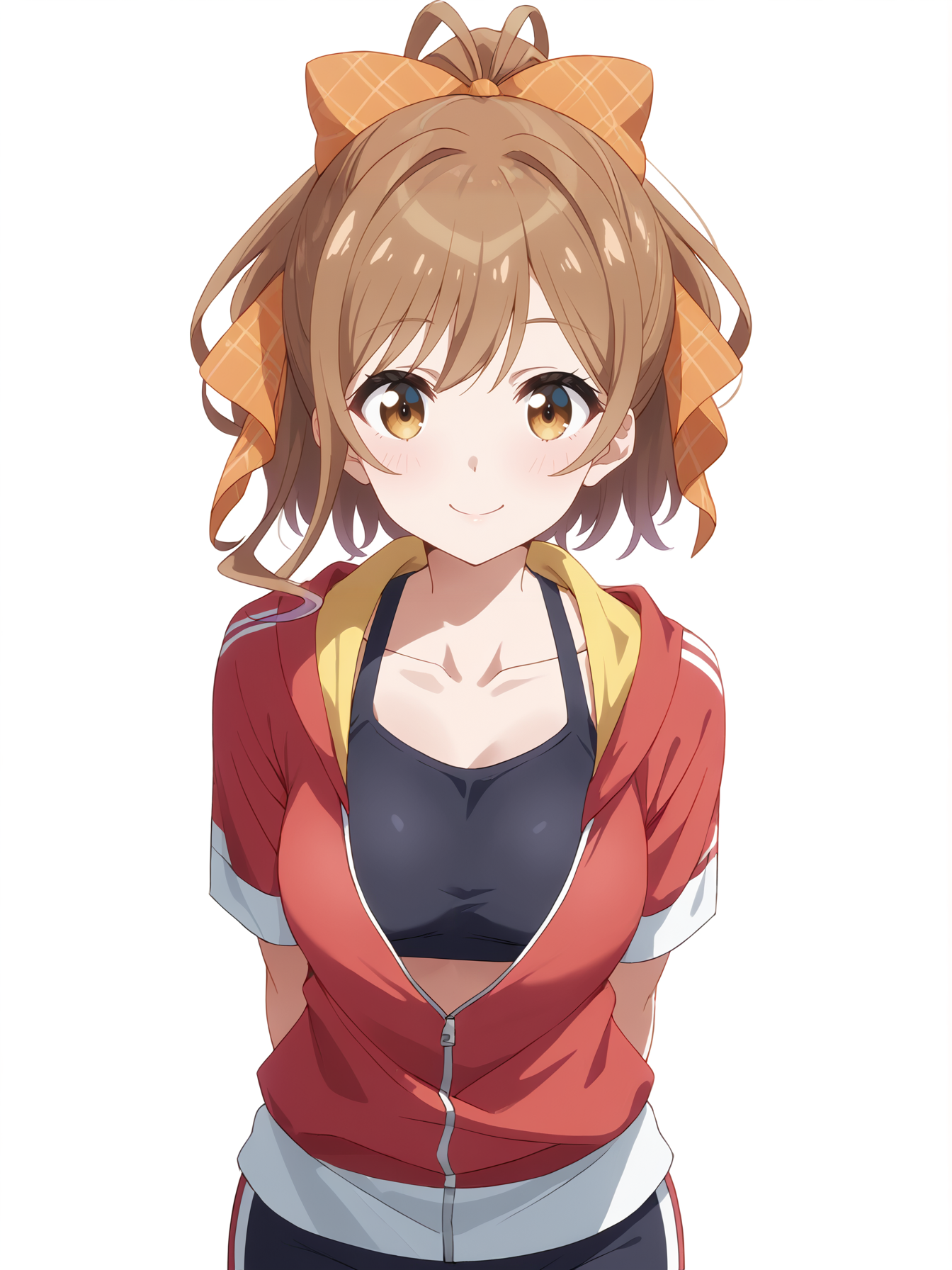 score_9, score_8_up, score_7_up, masterpiece, best quality, absurdres, extremely detailed, BREAK, 1girl, solo, miyama suzune, hair bow, sportswear, cowboy shot, standing, arms behind back, looking at viewer, smile, blush, simple background, white background, <lora:suzurena:0.85>