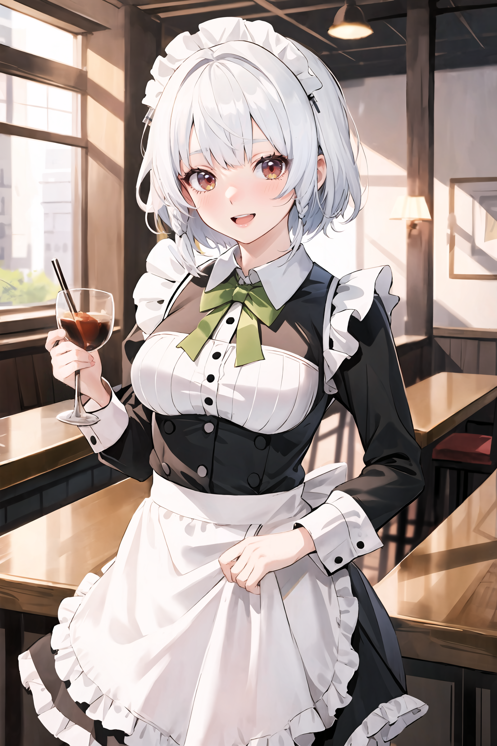 1girl, anby demara, solo, maid, maid headdress, maid apron, smile, embarrassed, pantyhose, open mouth, blush, smile, holding plate, looking at viewer, cowboy shot, bar \(place\), indoors, depth of field