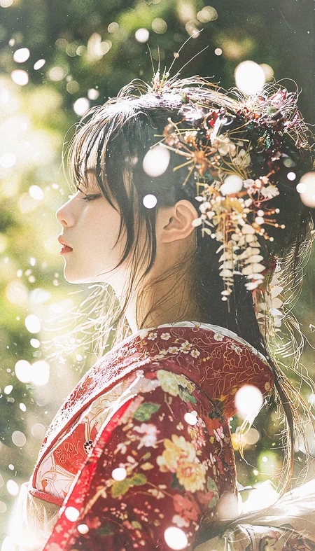 Beautiful Japanese Kimono, Beneath soft lights, her beauty glows,
A dreamlike aura gently flows.