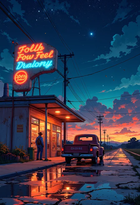 A lone country gas station sits under a star-drenched Southern sky, its faded red and blue neon sign buzzing against the quiet night. The cracked pavement glows under the flickering lights, reflecting the deep orange and purple hues of the distant horizon. A rusty pickup truck, its bed filled with crates of sweet tea and watermelons, idles near the pumps. The cashier, a weathered old man in overalls, leans on the counter, watching a stray hound curl up beside a vending machine. Fireflies drift lazily in the thick summer air, and an old blues song hums from the dusty radio inside.