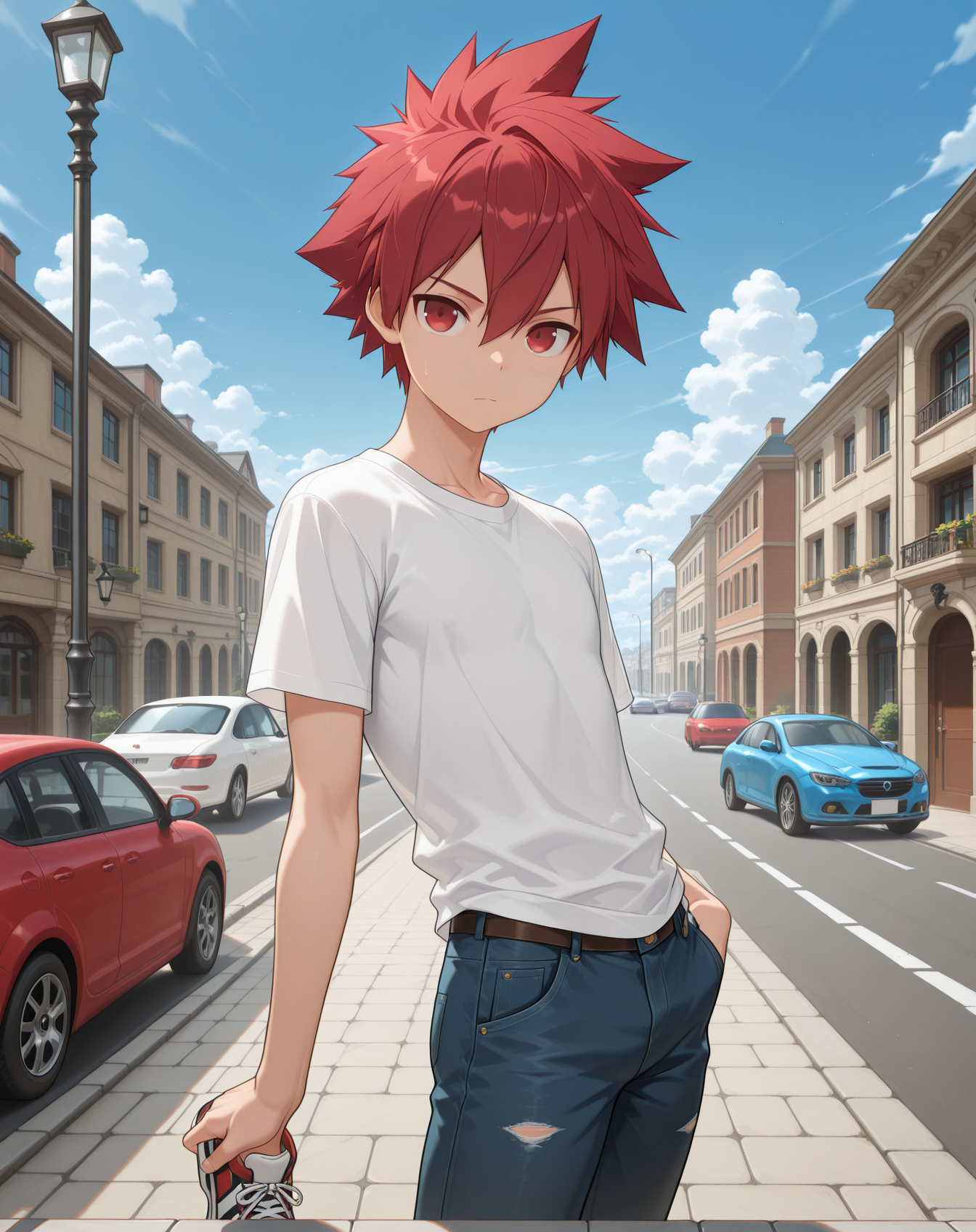 masterpiece,best quality,amazing quality, newest, very aesthetic, absurdres,
1boy, solo, yaoi, male focus, looking at viewer, cowboy shot, standing,
<lora:Elsword_Lord_Knight_ilxl:1> elswordlk, red hair, red eyes, spiked hair, adult, 
white shirt, jeans, sneakers,
outdoors, day, blue sky, building, street, road, lamppost, car,