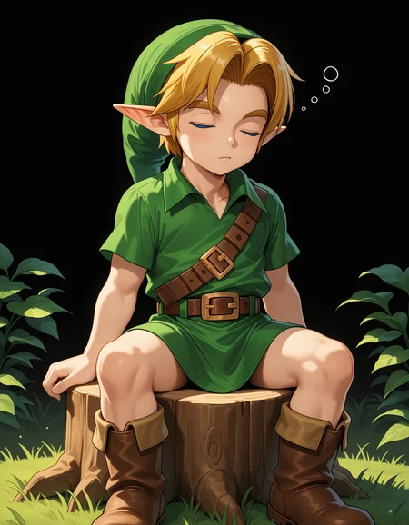 masterpiece,best quality,amazing quality
BREAK
ylink,young link,solo, sleepy,closed eyes,Sitting on a stump, short hair, blue eyes, blonde hair,  1boy, hat, male focus, short sleeves, boots, pointy ears, belt, buckle,  green headwear, brown belt, green tunic
BREAK
<lora:younglink_ill_896_1152_v1:1>