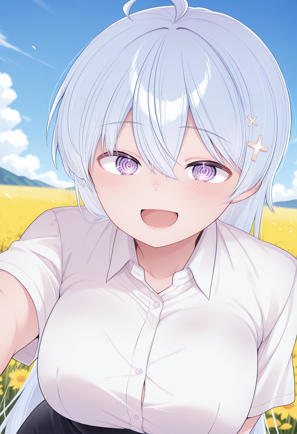 hiwamura_hiyori, @_@, purple eyes, blue hair, ahoge, long hair, cross hair ornament, white shirt, collared shirt, short sleeves, pencil skirt, <lora:hiwamura_hiyori_illustrious_ver1:0.8> 
smile,, masterpiece, best quality, general,, 1girl, solo, (field:1.2), (blue sky:1.2), looking at viewer,, (upper body:1.2), (close-up:1.2), (facing viewer:1.2), (open eyes:1.4), (portrait:1.2)