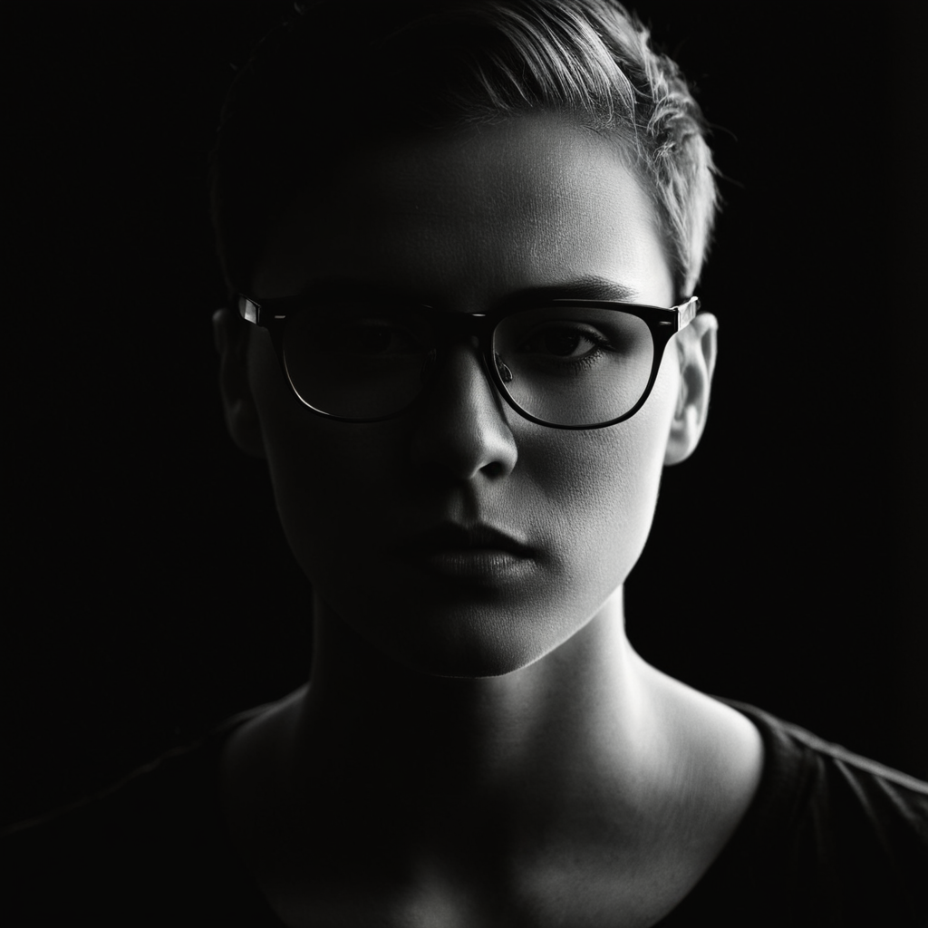 cinematic film still of  <lora:Low-key lighting Style:1>
dim light, low light, dramatic light, partially covered in shadow, a woman with glasses on her face Low-key lighting Style,solo,simple background,1boy,monochrome,greyscale,male focus,parted lips,glasses,sunglasses,black background,realistic,bald, shallow depth of field, vignette, highly detailed, high budget, bokeh, cinemascope, moody, epic, gorgeous, film grain, grainy