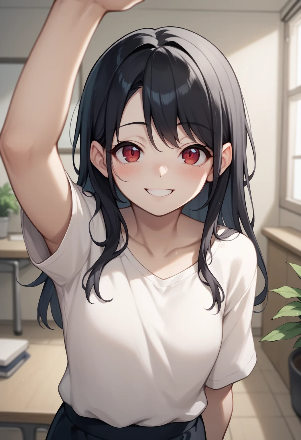 score_9, score_8_up, score_7_up, score_6_up, score_5_up, score_4_up, BREAK,
1girl, black hair, long hair, red eyes, smile, headpatpov, arm up, blush, upper body, looking at viewer, solo, indoors, blurry background   <lora:GrabbingViewerXL:1>