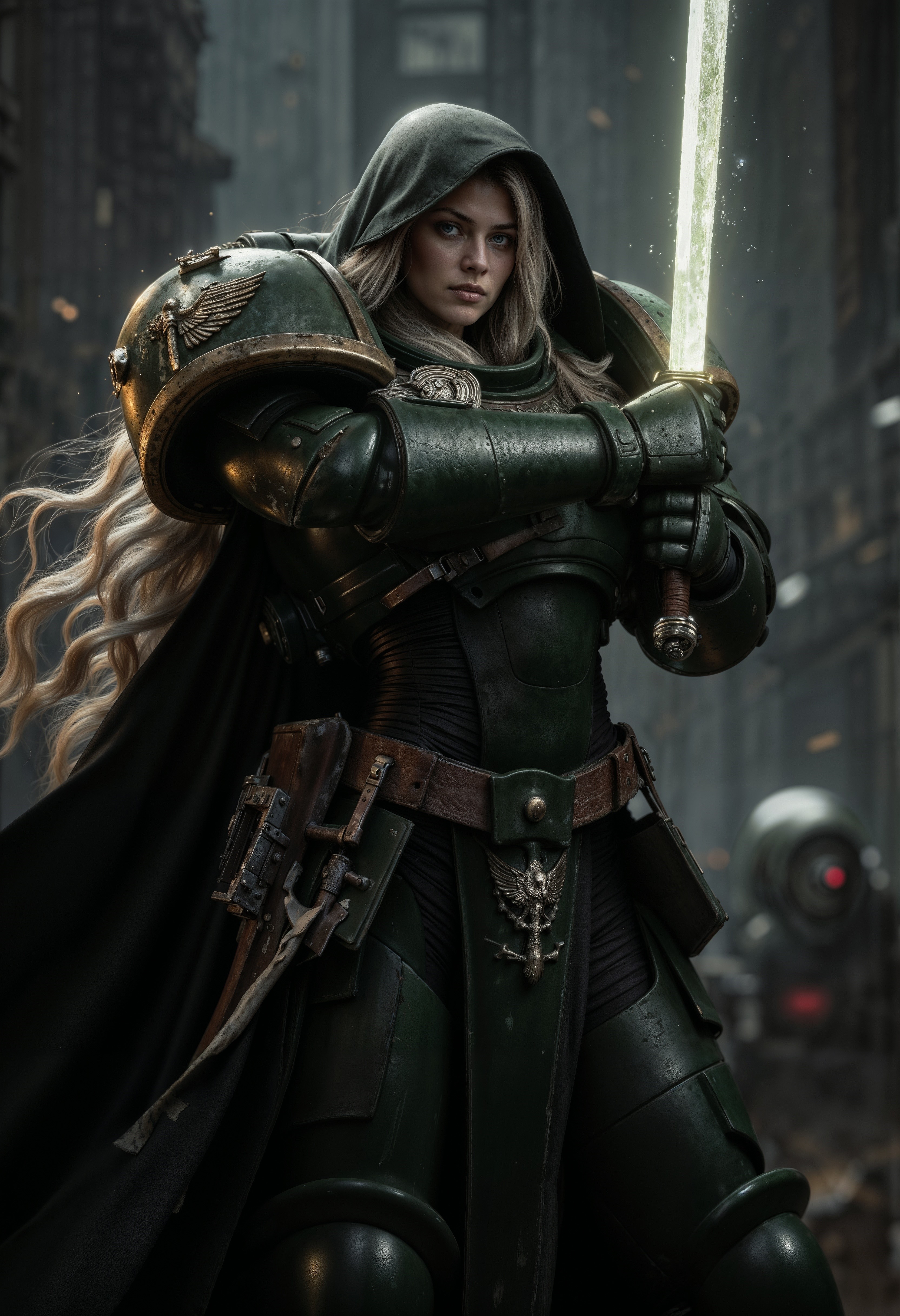 DarkA40k, female space marine wearing a chined power armor with a hood, her long hair is white, she's holding a glowing sword, <lora:FluxDarkA40k:1> <lora:aidmaHyperrealism:0.5> aidmaHyperrealism