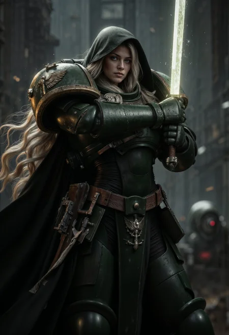DarkA40k, female space marine wearing a chined power armor with a hood, her long hair is white, she's holding a glowing sword, <lora:FluxDarkA40k:1> <lora:aidmaHyperrealism:0.5> aidmaHyperrealism
