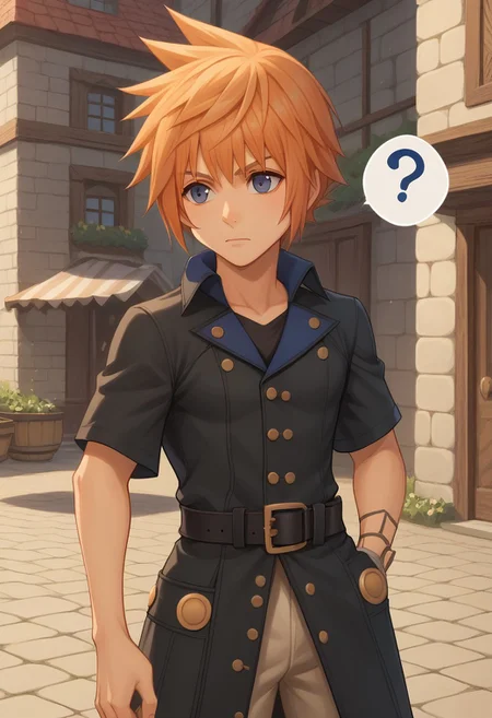 score_9, score_8_up, score_7_up, source_anime, highly detailed,
lannff,
solo, 1boy, male focus, spiked hair, belt, orange hair, standing, buttons, coat, pants, short sleeves, buckle, black coat, belt buckle, upper body, confused, ?, hands in pocket,
outdoor, village, medieval,