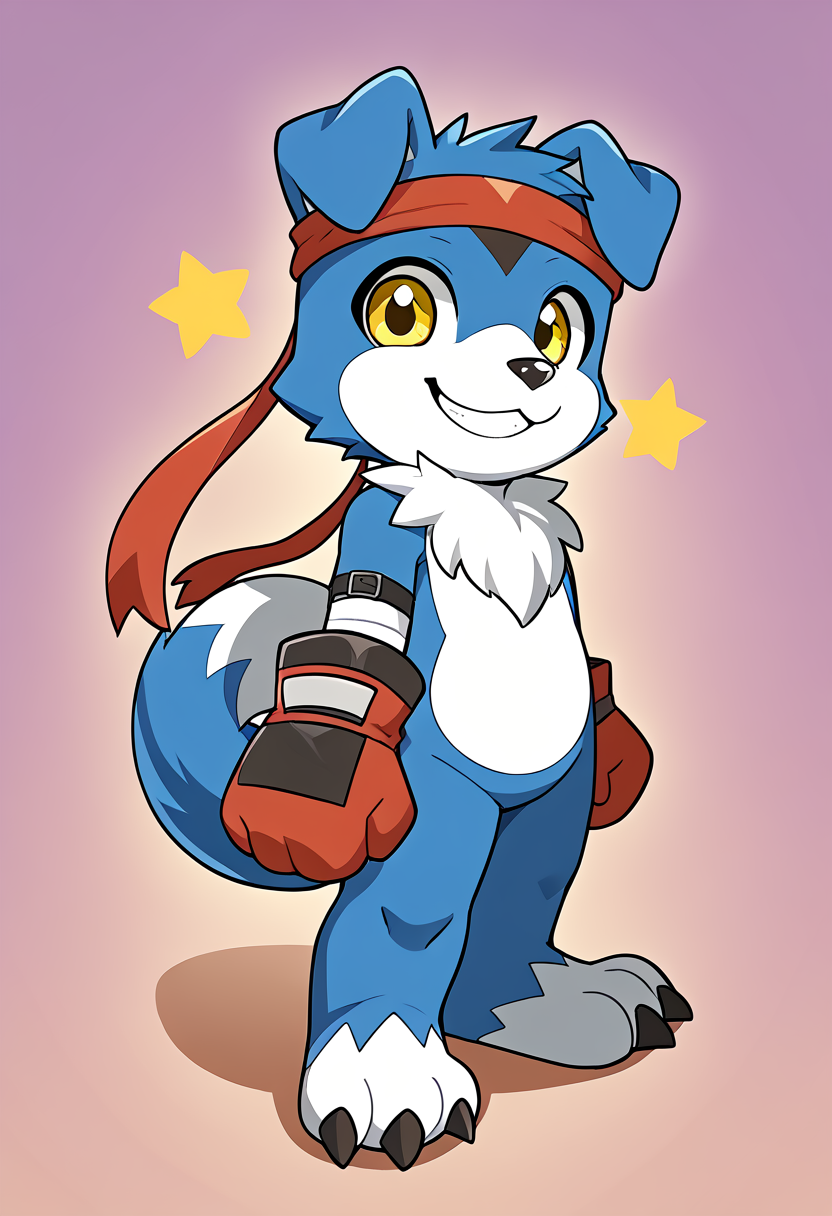 high res, best quality, gaomon_digimon, furry, headband, solo, 1boy, cute, happy, smiling, yellow eyes, full body, looking at viewer, <lora:Gaomon_Digimon:1>