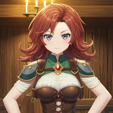 mana_sk style, portrait, focus on face, a fearless bounty hunter woman with shoulder-length wavy auburn hair and sharp silver-gray eyes, wearing a fitted leather vest over a lace-up corset and a gun holster strapped to her thigh, her expression daring and confident, a rustic tavern with wooden beams and flickering candles in the background, Japanese RPG style, adventurous and rebellious atmosphere, intricate details on her outfit and accessories