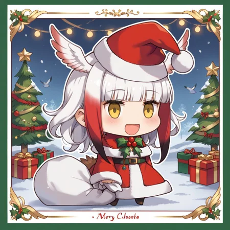 score_9, score_8_up, score_7_up, masterpiece, best quality, zzPadoru, blush, smile, open mouth, meme, holding sack, santa hat, dress, 1girl, solo, japanese crested ibis (kemono friends), head wings, multicolored hair, two-tone hair, white hair, red hair, long hair, blunt bangs, bangs, sidelocks, yellow eyes, bird tail, tail, long sleeves, wide sleeves, chibi, snow, Christmas tree, Christmas lights, Christmas border, red and green border, Christmas wreath border, presents, Christmas_card_outline