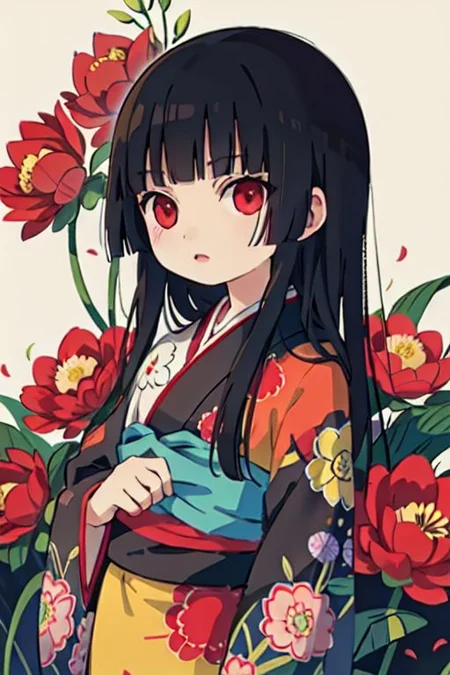 enma ai, hair down, hair black, bangs, eyes red, masterpiece, best quality, ultra-detailed, illustration, 1girl, solo, highres, photorealistic, ultra high res, (Original illustration composition), (fusion of limited color, Maximalism artstyle, kimono obi fashion, double exposure, background, illustration, Amazing, lily spider, night darkness, open one's mouth, finger, flowers red, (polychromatic peony:1.15), Movie poster,