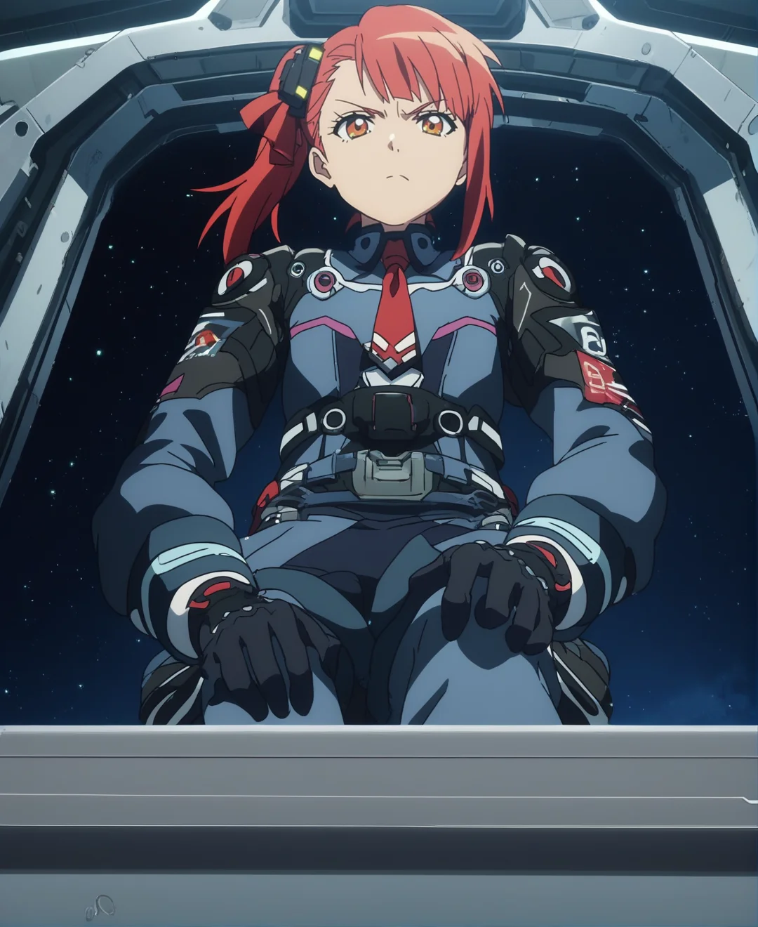 score_9,score_8_up,score_7_up,score_6_up,source anime BREAK, anime screencap,
1girl,solo,cockpit,spaceship,space,science fiction,dark background,piloting,cyberpunk,serious,(spacesuit:0.4),(military uniform:0.5),long sleeves,gloves,dress,sitting,side ponytail,red_hair,amber eyes,hair ribbon,tie,straight-on,from below,particles, no shoes,
<lora:Anime Screencap_epoch_10:1.2>