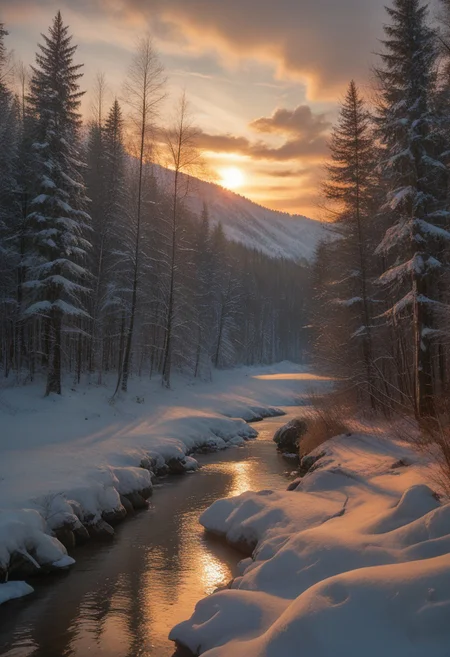 film photography, realistic, ultra detailed, score_9, score_8_up, score_7_up, Forest, scenery, outdoors, tree, sky, (clouds:0.3), nature, forest, creek, moss-covered rocks, sunlight streaming through leaves, orange sky, evening, winter, snow, snowy, s1_dram