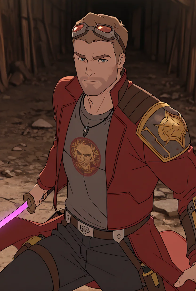 <lora:starlord-10:1> starlord, 1boy, dirty blonde hair, red jacket, gray shirt, short hair, open jacket, looking at viewer, goggles on head, head goggles, , ((long red coat,)), torn clothes, , black jeans, holding purple sword,  ((  shoulder plate,)), loose belt, black necklace, samurai aesthetic, shirt print, dynamic pose, masterpiece, best quality, amazing quality, very aesthetic, absurdres, newest,