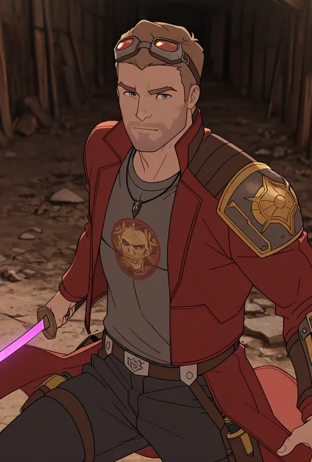 <lora:starlord-10:1> starlord, 1boy, dirty blonde hair, red jacket, gray shirt, short hair, open jacket, looking at viewer, goggles on head, head goggles, , ((long red coat,)), torn clothes, , black jeans, holding purple sword, (( shoulder plate,)), loose belt, black necklace, samurai aesthetic, shirt print, dynamic pose, masterpiece, best quality, amazing quality, very aesthetic, absurdres, newest,