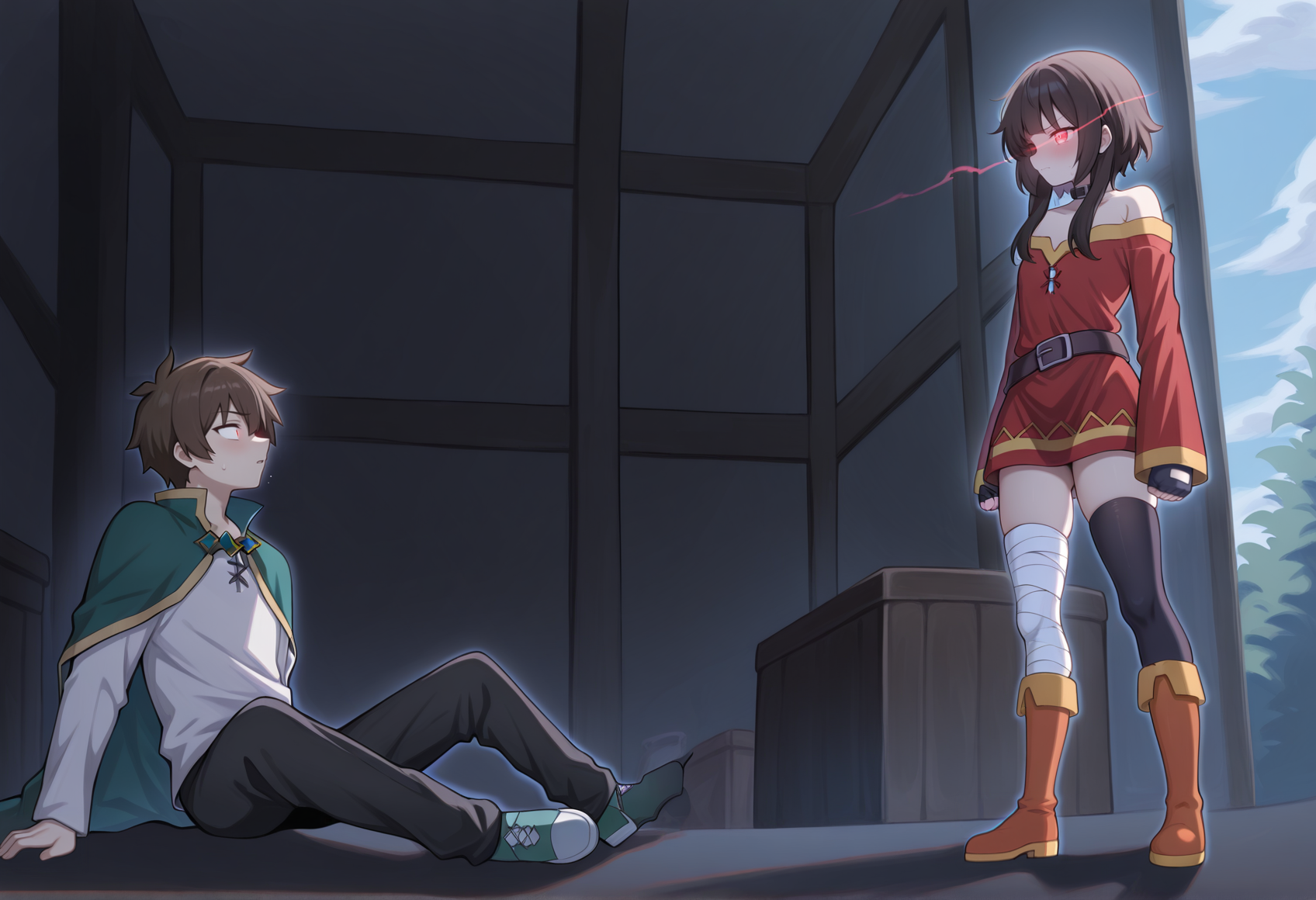1boy. satou kazuma, sitting, on floor, 1girl, standing, megumin, chuunibyou, glowing eye, are_you_my_master <lora:are_you_my_master:1>, masterpiece, best quality, amazing quality, very aesthetic, absurdres, highres, newest
